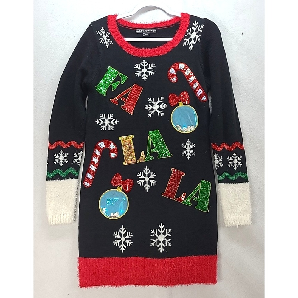 Fa‎ La La Black Ornament Candy Cane Ugly Christmas Sweater Dress  Size X-Small